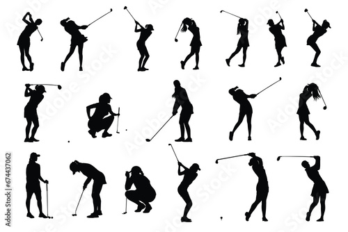 Vector silhouettes of collection of female golf players, equipment for design in trendy flat style isolated on white background. Symbols for designing your website, logo, app, publications. photo