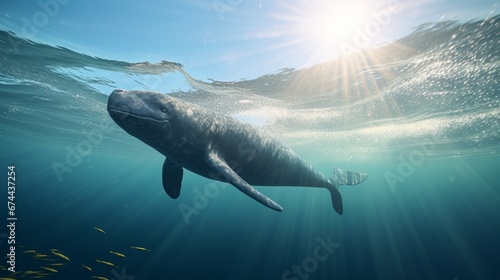 A serene above-water view of a narwhal breaching the surface, water droplets glistening in the sunlight as it exhales. photo