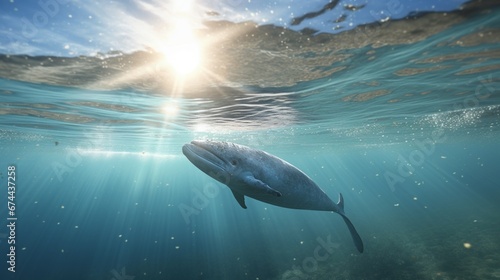 A serene above-water view of a narwhal breaching the surface  water droplets glistening in the sunlight as it exhales.