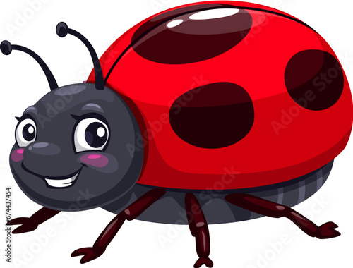 Cartoon cheerful lady bug character, adorned with vibrant red wings and black polka dots. Isolated vector garden insect, wild funny bug exudes a playful charm with its friendly and endearing smile