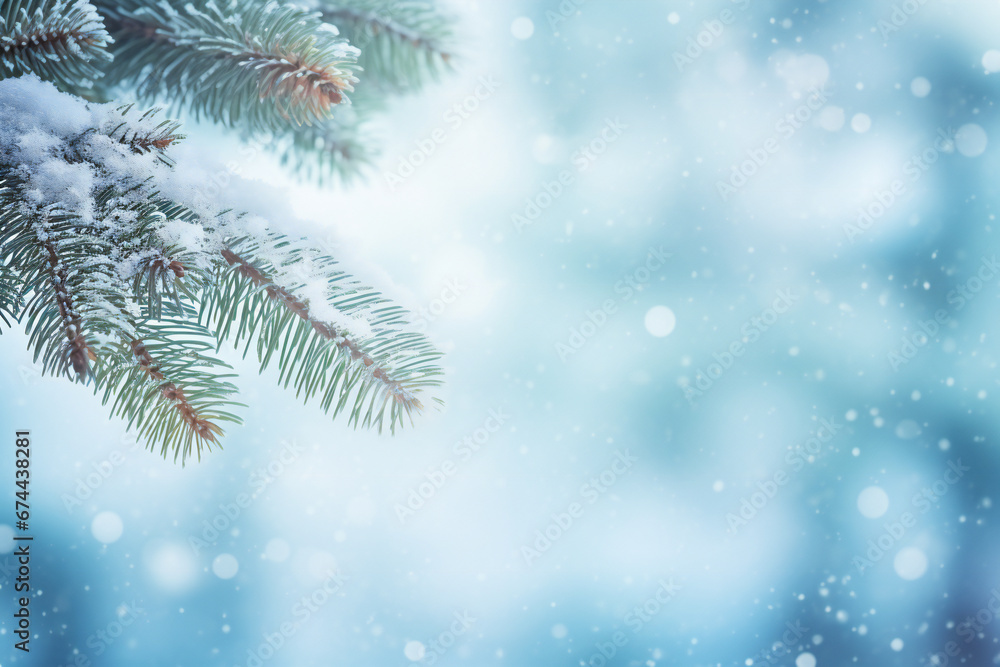 A pine or fir tree branch covered in snow with a blurred winter landscape in background A pine or fir tree branch covered in snow with a blurred winter landscape in background