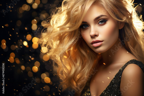 Young blonde beautiful woman portrait, with golden lights around