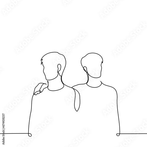 men standing next to each other but not looking at each other, one of them put his hand on the other's shoulder - one line art vector. concept metaphor for the difference in worldviews in gay couple