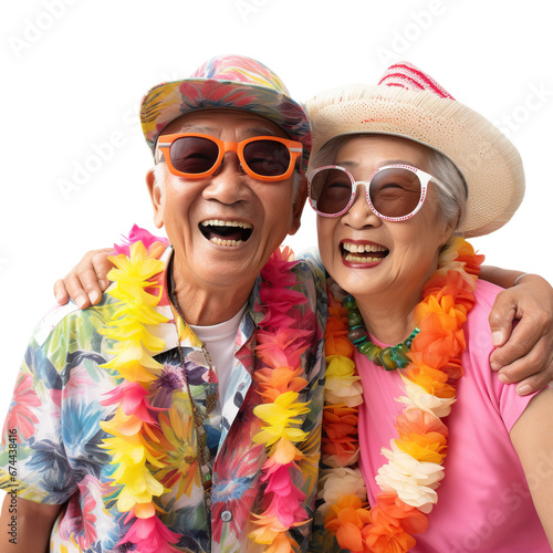 Asian senior couple in vacation clothes, isolated on white or transparent background. AI Generated.