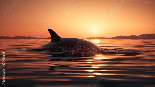 A silhouette of a Vaquita breaking the surface of the water, captured in the soft glow of the setting sun in full ultra HD 8K resolution. © Habib