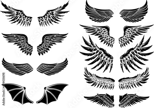 Set of vector wings isolated on white background. Design elements for logo, label, emblem, sign, brand mark. Vector illustration.