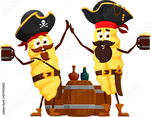 Cartoon funny Malloreddus italian pasta pirate and corsair characters. Isolated vector jolly noodle personages sporting beards and tricorn hats, enjoy sipping rum with a mischievous grin and high-five