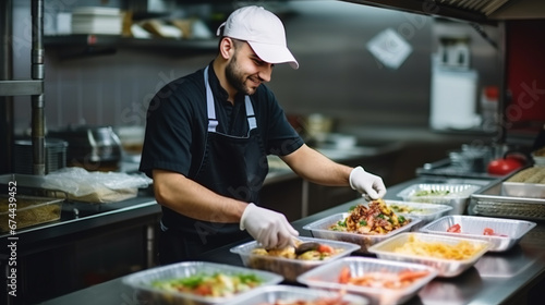The chef in restaurant kitchen finishes the food ready for delivery in takeaway packages photo