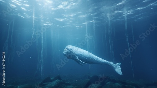 A submerged narwhal gracefully gliding past an underwater ice formation, highlighting the stark beauty of the Arctic environment.