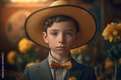 Western boy with hat. Portrait of sunlight handsome rodeo. Generate Ai