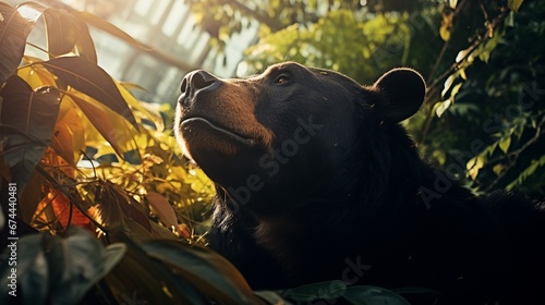 A Sun Bear basking in the warm sunlight amidst lush tropical foliage, captured in high resolution 8K. photo