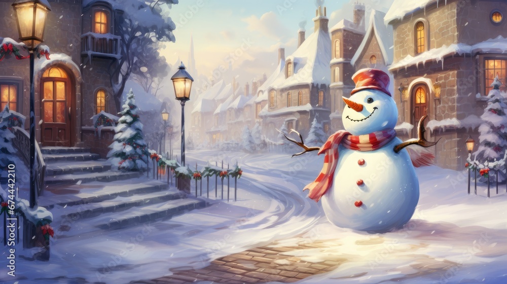 Obraz premium Bright snowman, Christmas morning, the background is a house
