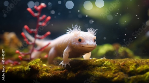 An 8K image of an Axolotl swimming gracefully through a pristine aquatic environment, its skin reflecting the light beautifully.