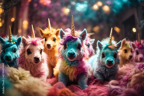 Company of cute fluffy multi-colored unicorns with big eyes, their multi-colored appearance, their big eyes, and the playful and friendly atmosphere they create. Generative Ai.