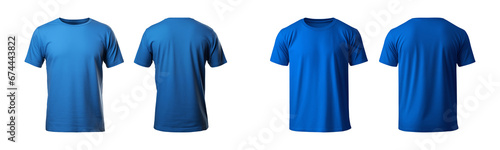 realistic set of male blue t-shirts mockup front and back view isolated on a transparent background, cut out