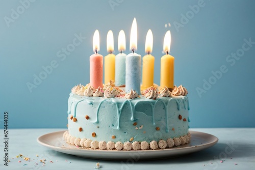 Sweet birthday cake with candles on solid pastel blue background. Generative Ai.