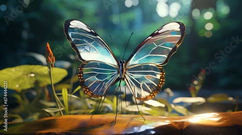 An artistic shot of a Glasswing Butterfly in its natural habitat, with its wings gracefully spread, rendered in full ultra HD 4K for unparalleled realism.