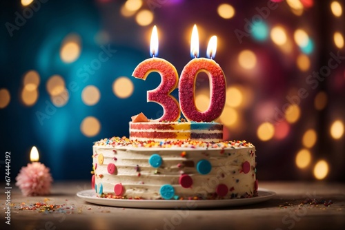 Sweet Birthday cake with number 30 on top on colorful bokeh background, 30th years old happy birthday Cake. Generative Ai.