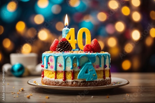 Sweet Birthday cake with number 40 on top on colorful bokeh background  40th years old happy birthday Cake. Generative Ai.