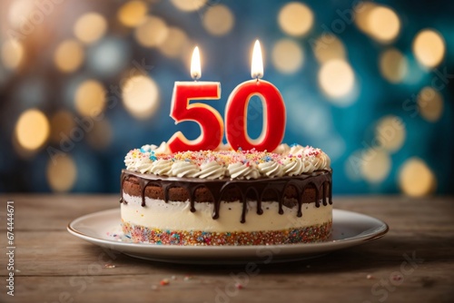 Sweet Birthday cake with number 50on top on colorful bokeh background, 50th years old happy birthday Cake. Generative Ai. photo