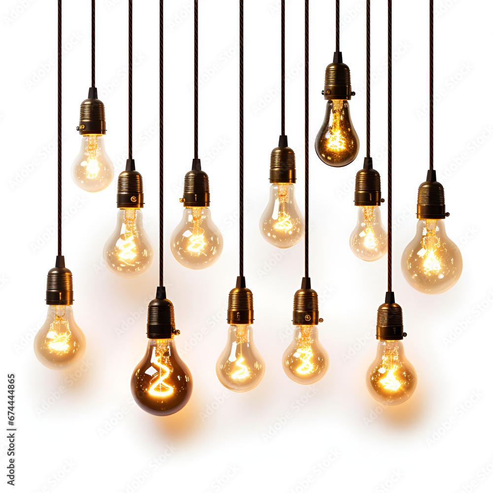 light bulbs on a white background, lights hanging on white background , golden lights light bulbs on a white background, lights hanging on white background , golden lights