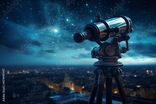 A telescope is set up on a rooftop, pointing towards a starry sky, ready for a night of celestial exploration
