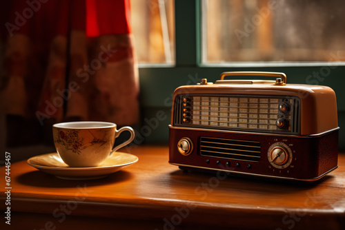  A vintage radio set stands on a table next to a warm cup of tea, creating a scene of comfort and nostalgia