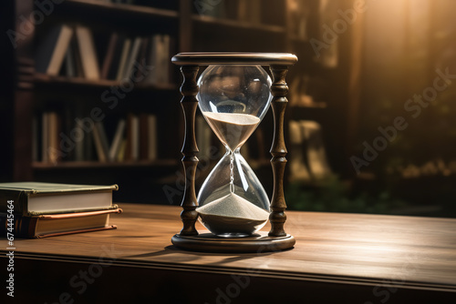 A glass hourglass is being flipped upside down on a study table, symbolizing the need to manage time wisely photo