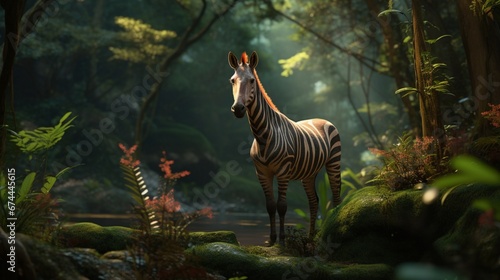 An Okapi in its prime  framed in an 8K landscape  surrounded by lush vegetation  and the vibrant colors of its natural habitat.