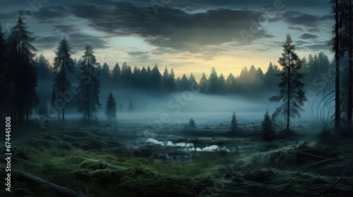 y peaceful dawn mist landscape illustration nature morning, foggy sunrise, calm tranquil y peaceful dawn mist landscape © sevector
