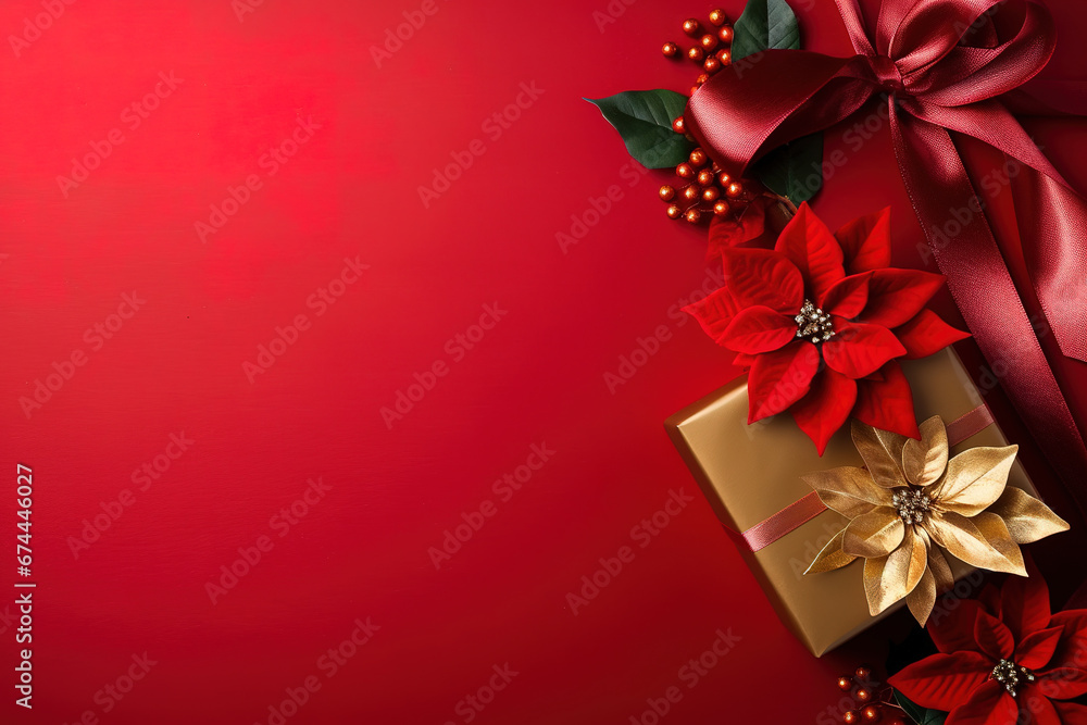 red christmas background with poinsettia with leaves, red berries, gift box wrapped red silk ribbon, gold tinsel, with empty copy Space
