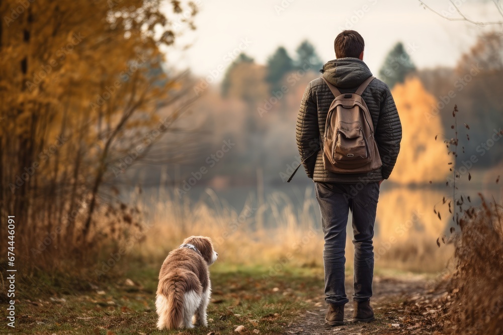 Photo from behind of a dog and its owner taking a leisurely walk. Generative AI