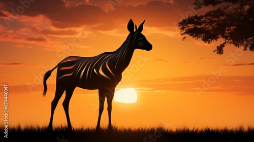 An Okapi silhouetted against the golden hues of a setting sun  its elongated neck and legs emphasized in high-resolution 4K.