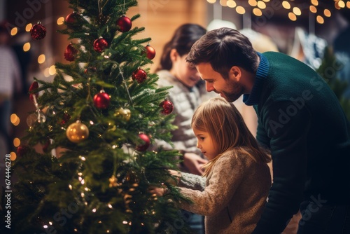 Photo from behind of a family decorating a Christmas tree. Generative AI
