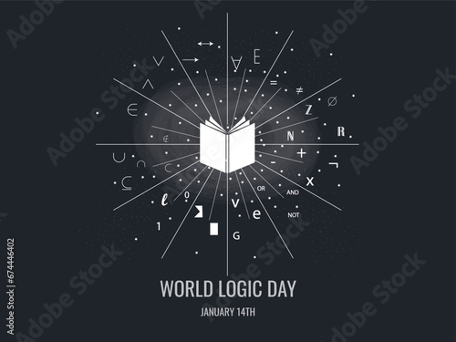Tableau sur toile Book surrounded by symbols related to logic in white color on gray background