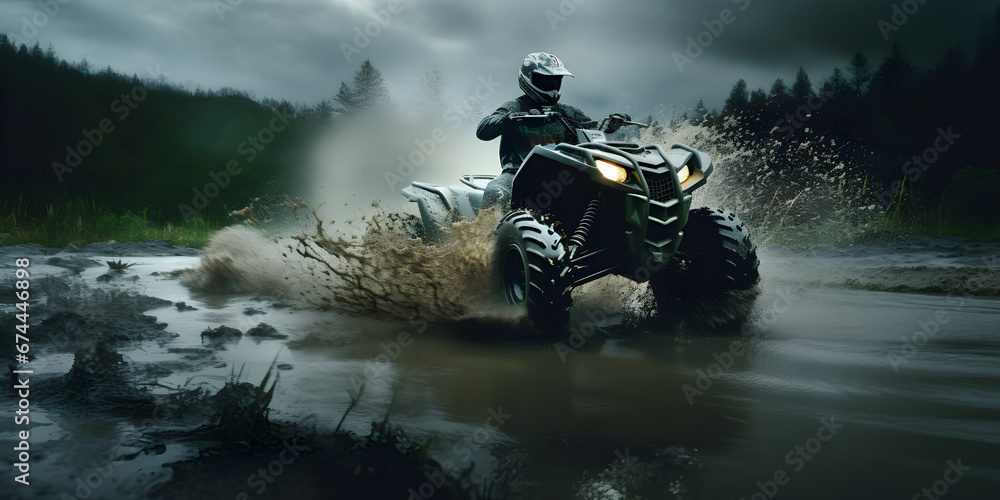 ATV in action splashing water motion blur at trail forest , extreme sports concept