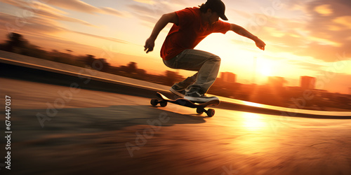 Skateboarder in action motion over a curve at sunset, Extreme sports concept