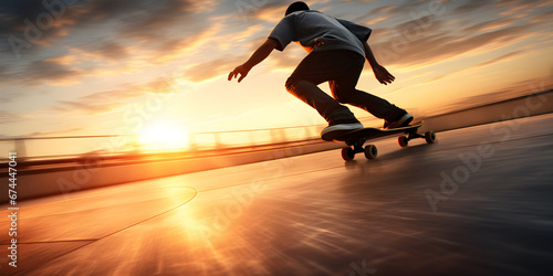 skateboarder in action motion on the ground at sunset  Extreme sports concept