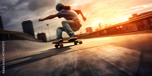 skateboarder in action motion on the ground at sunset, Extreme sports concept