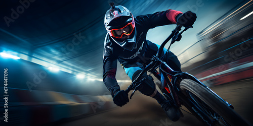 BMX bike biker in action motion riding over a curve, Extreme sports concept