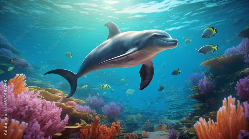 An underwater scene of a Vaquita playfully leaping out of the water, surrounded by vibrant marine life, all in stunning high detail and full ultra HD 8K clarity.