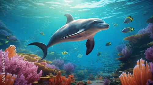 An underwater scene of a Vaquita playfully leaping out of the water, surrounded by vibrant marine life, all in stunning high detail and full ultra HD 8K clarity. © Habib
