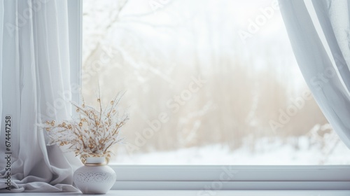 Winter Window empty mockup with view of snow trees landscape. White Window looking on snow covered trees in winter © irissca
