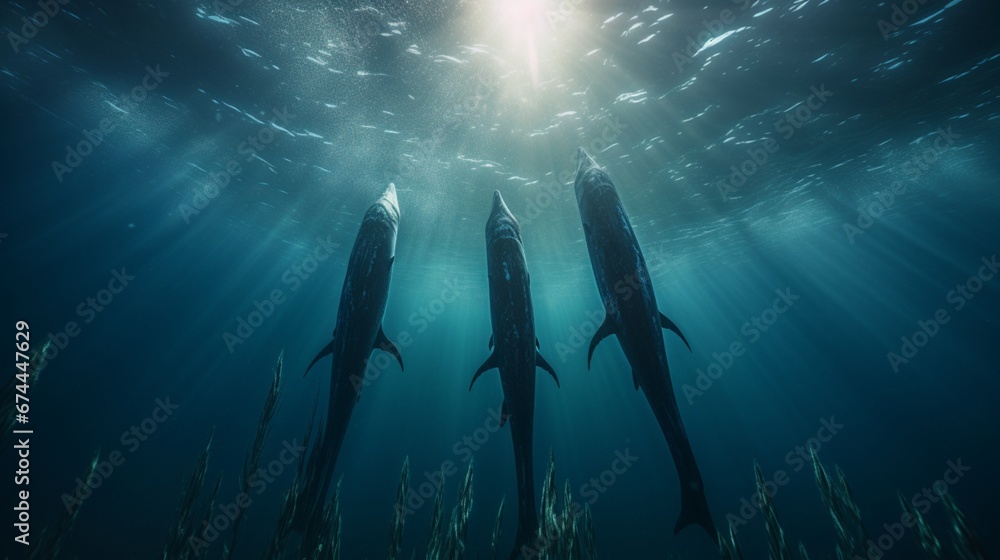 An underwater view of a pod of narwhals gracefully gliding through the deep blue ocean, sunlight filtering down on their sleek bodies. - obrazy, fototapety, plakaty 