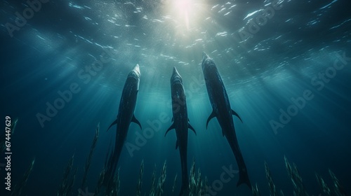 An underwater view of a pod of narwhals gracefully gliding through the deep blue ocean, sunlight filtering down on their sleek bodies.