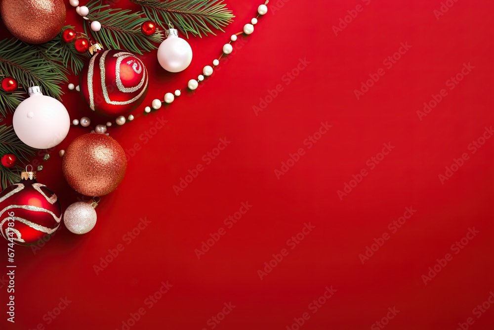 flat view christmas fir branches and decorative little giftbox red and white balls on Red background flat view christmas fir branches and decorative little giftbox red and white balls on Red background