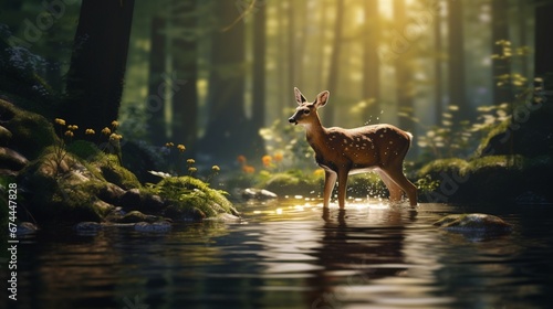 Capturing the elegant silhouette of a Chinese Water Deer as it drinks from a crystal-clear stream in the heart of the forest. photo