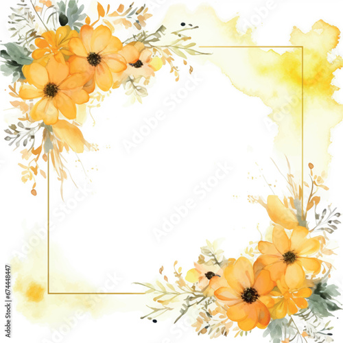watercolor yellow frame  background with flowers