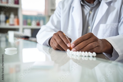 Photo of a pharmacist counting out medication tablets in a pharmacy. Generative AI