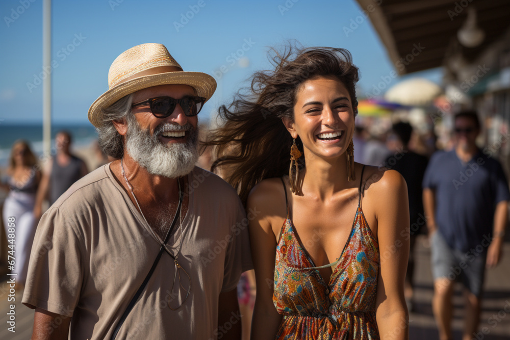 Joyful Senior Couple Embracing in Laughter on Sunny Beach, Exuding Happiness and Love  - Happy Moments Together